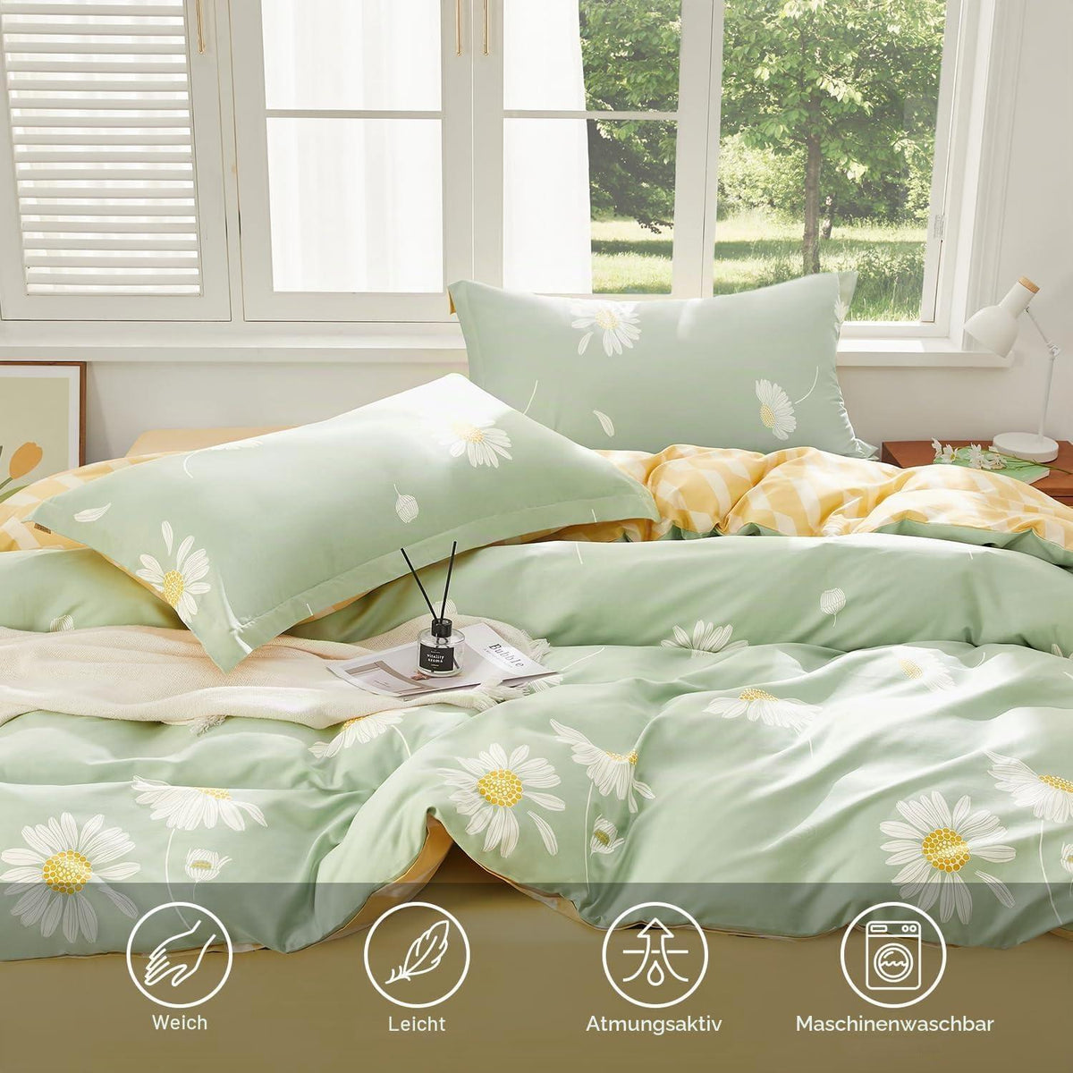 Baumwoll Bettwäsche Set Grün Weiß Blumen 200x220 cm 3tlg.