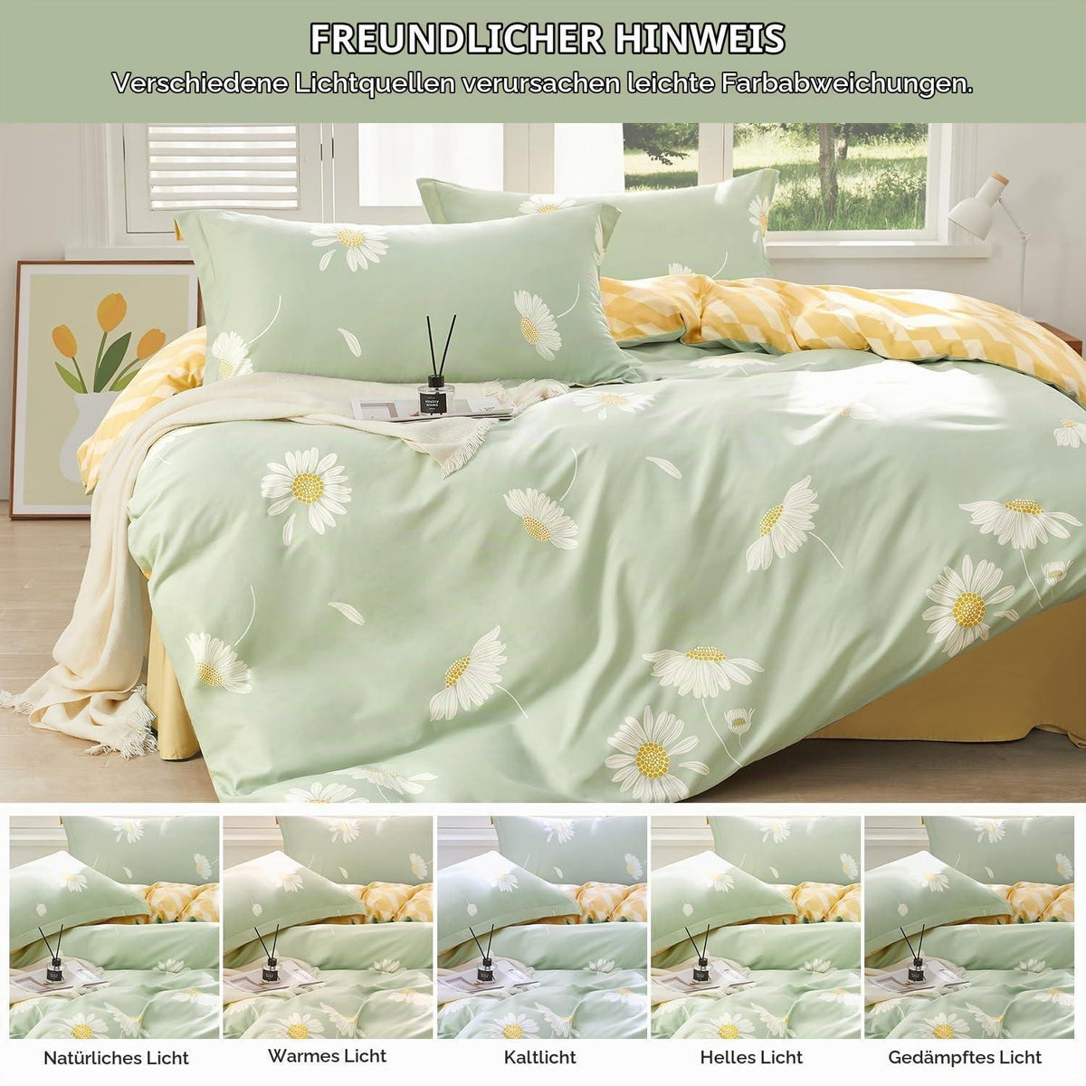 Baumwoll Bettwäsche Set Grün Weiß Blumen 200x220 cm 3tlg.
