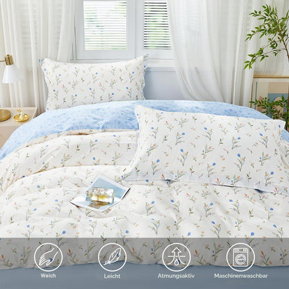 Blumen Bettwäsche Set 200x200 Baumwolle Blau Botanisch