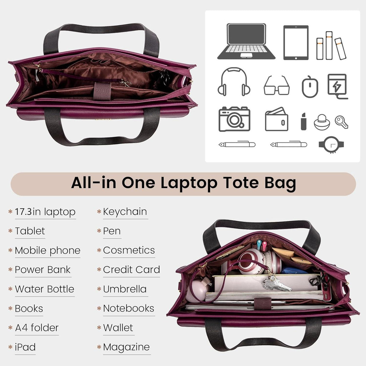 Laptoptasche Damen 17,3 Zoll Elegant PU Leder Violett