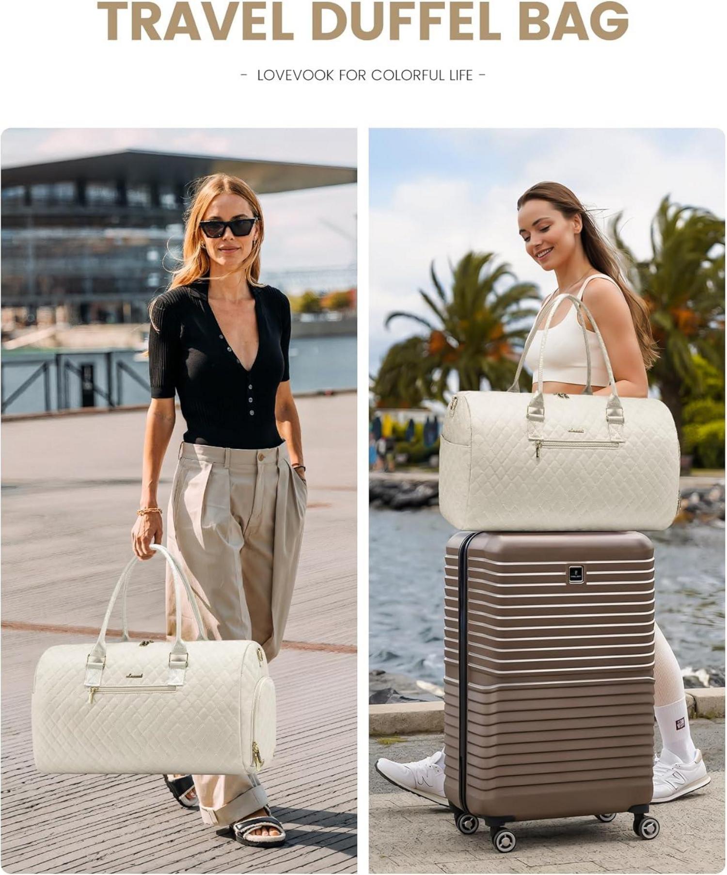 Reisetasche Damen 45L Groß Weekender Sporttasche Beige wasserdichte