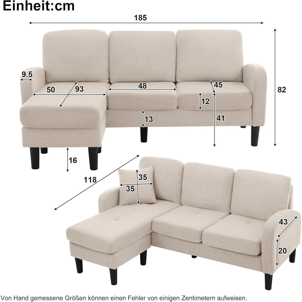 L-förmiges Ecksofa 3-Sitzer, Beige, Baumwolle & Leinen