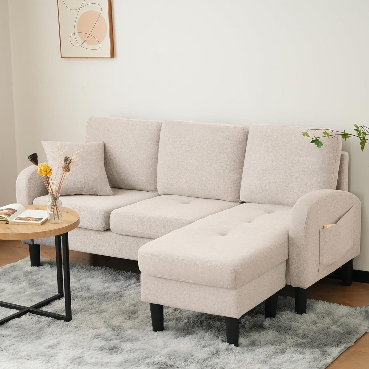 L-förmiges Ecksofa 3-Sitzer, Beige, Baumwolle & Leinen