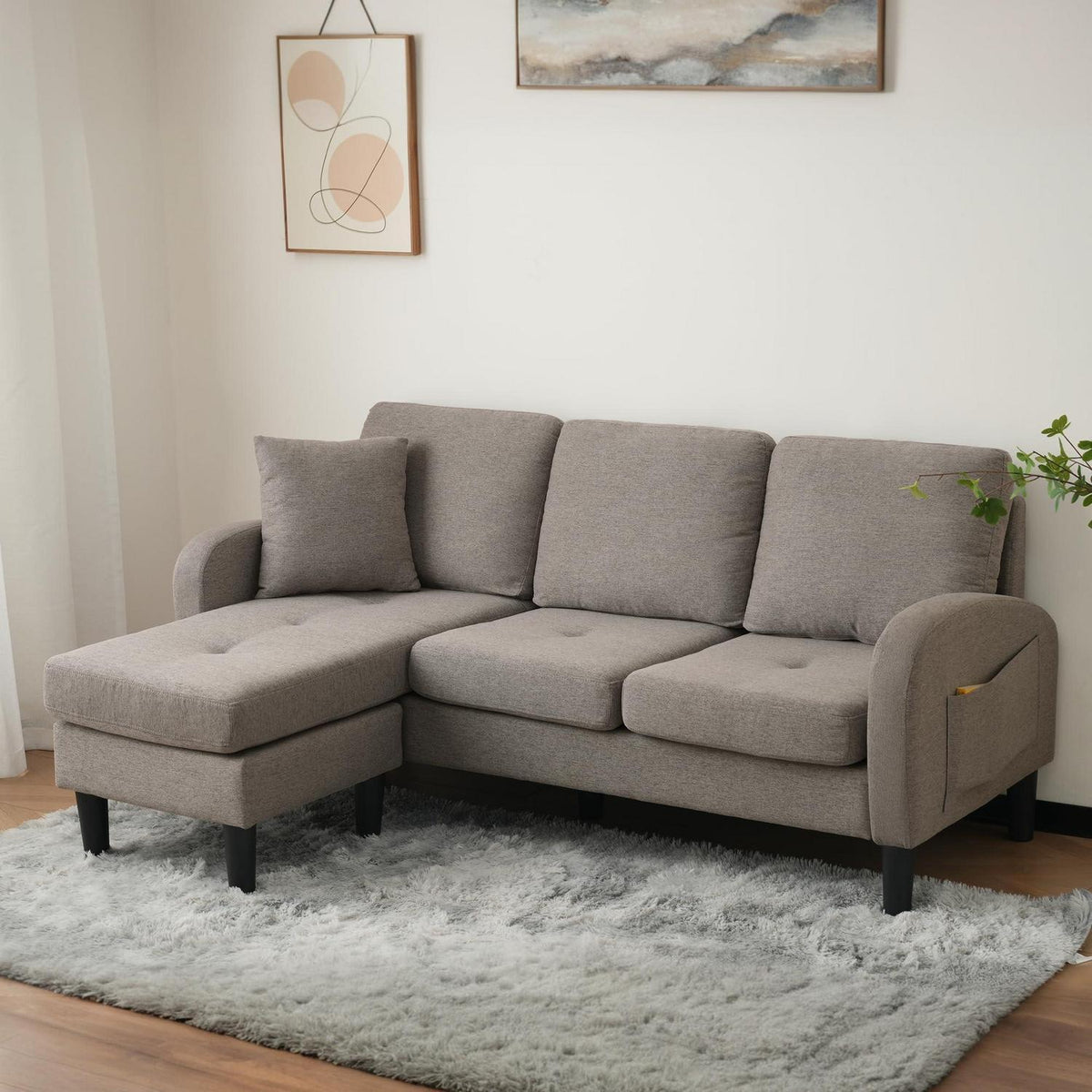 L-förmiges Ecksofa 3-Sitzer, Dunkelgrau, Baumwolle & Leinen