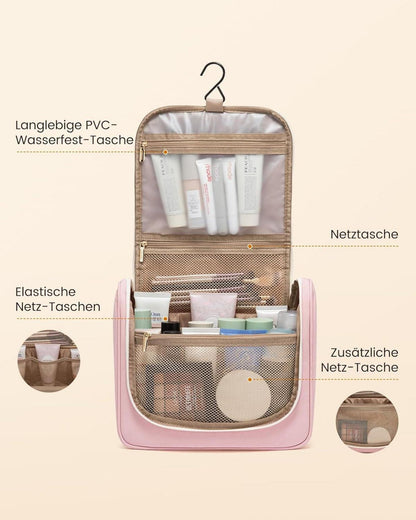 Wasserdichte Kulturtasche Damen mit Haken, Groß, Rosa