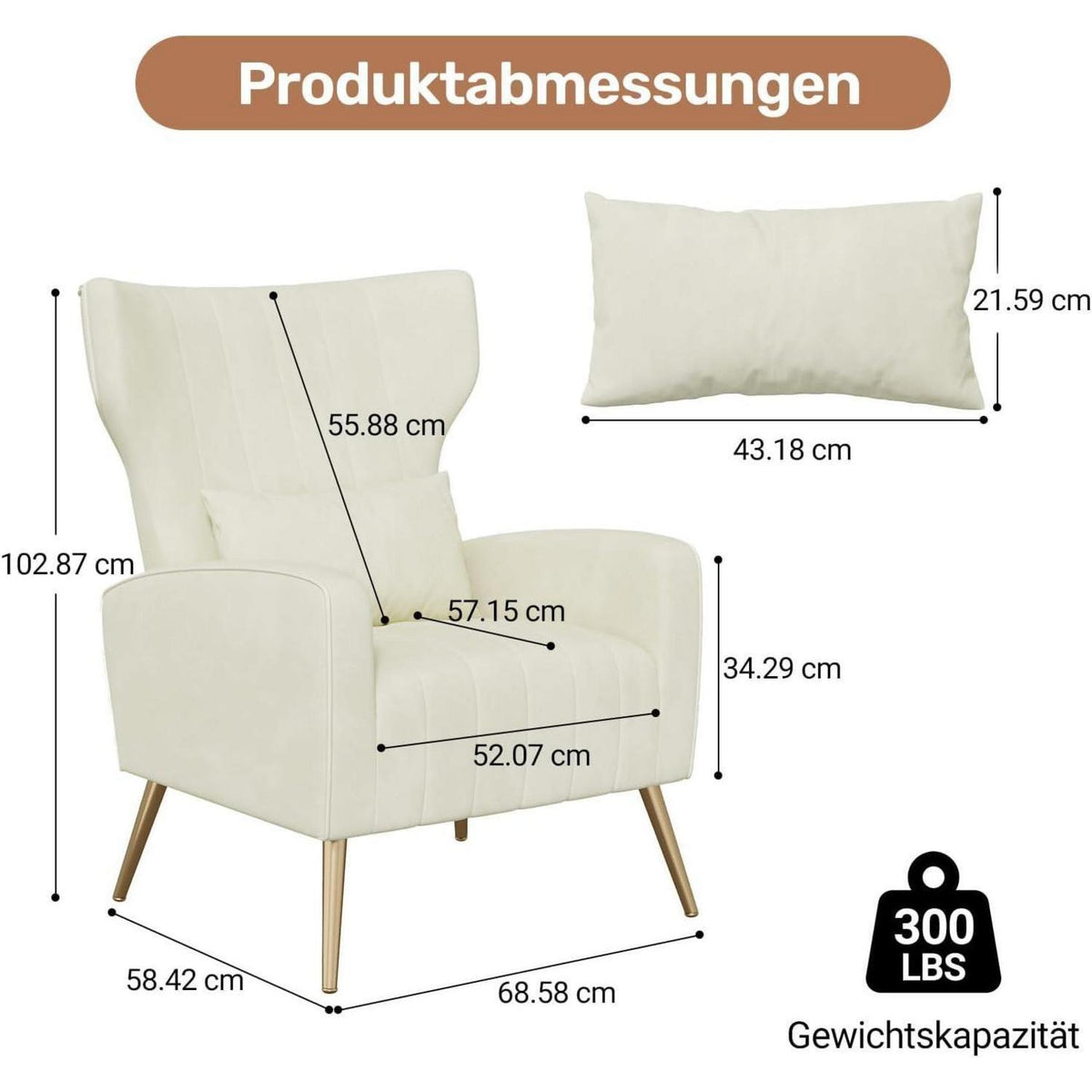 Relaxsessel 2er-Set mit Kopfkissen & Goldfüßen, Beige