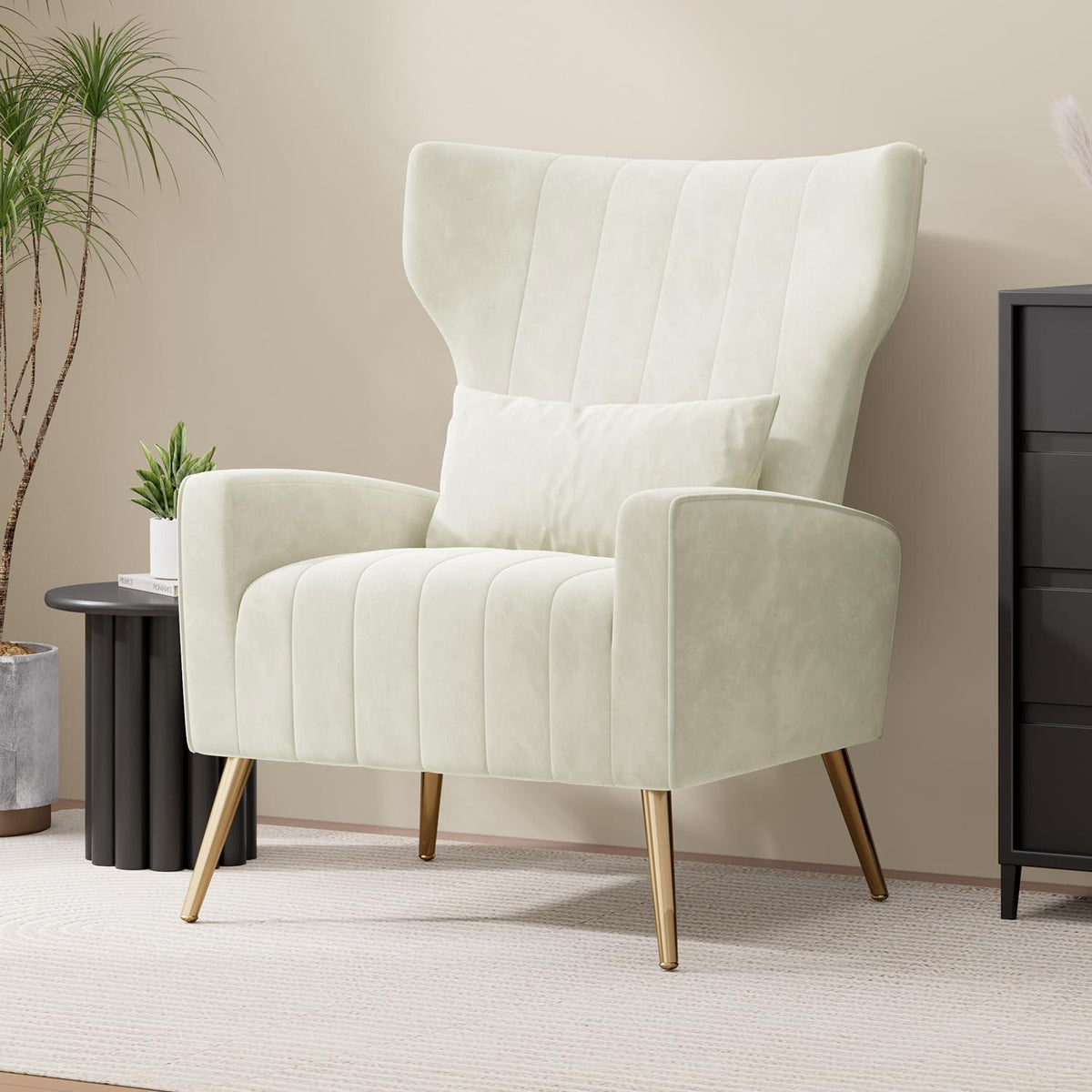 Relaxsessel 2er-Set mit Kopfkissen & Goldfüßen, Beige