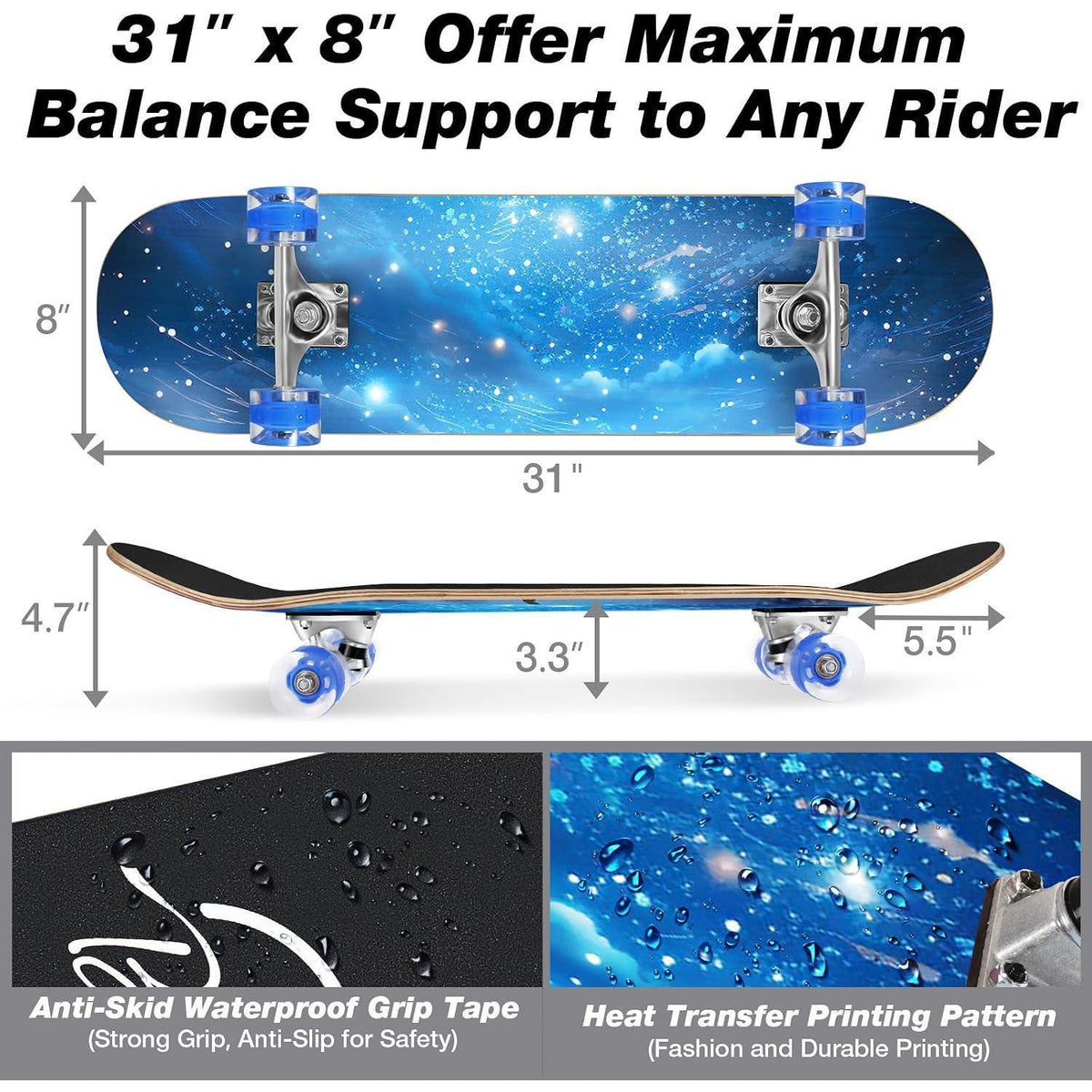 Komplettes Cruiser Skateboard 31x8 Zoll mit LED-Rädern