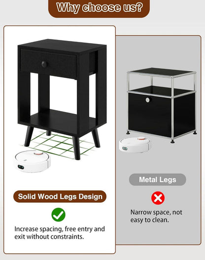 Nachttisch Stoff-Schublade Massivholz Modern Schwarz