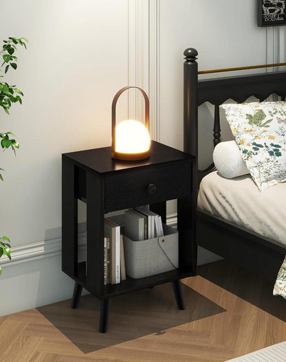 Nachttisch Stoff-Schublade Massivholz Modern Schwarz