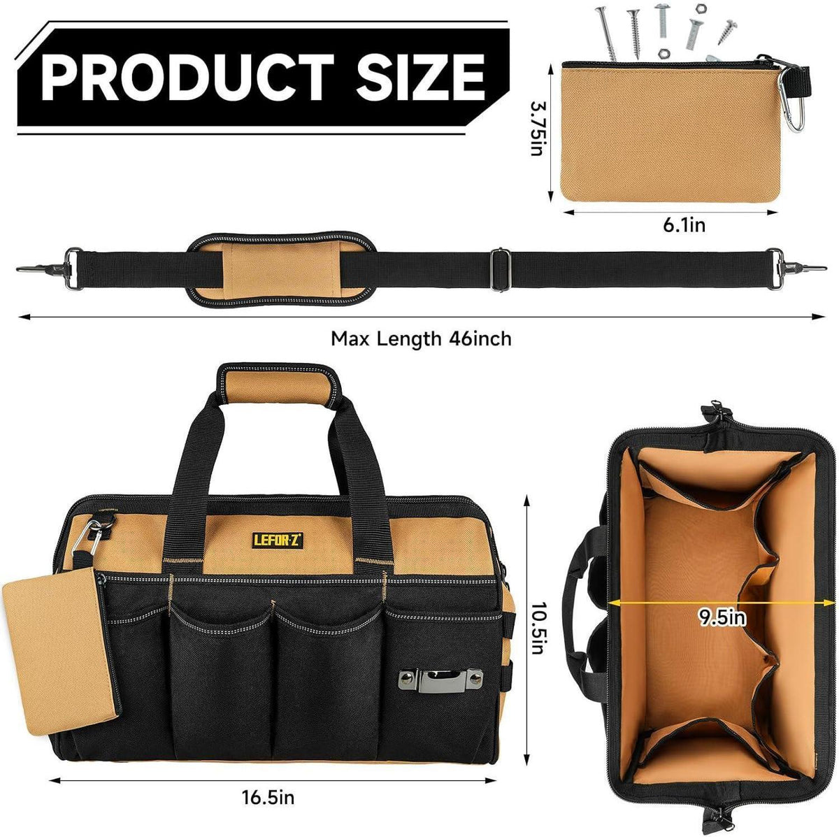 Robuste Werkzeugtasche 16 Zoll mit 27 Fächern, Schwarz Braun
