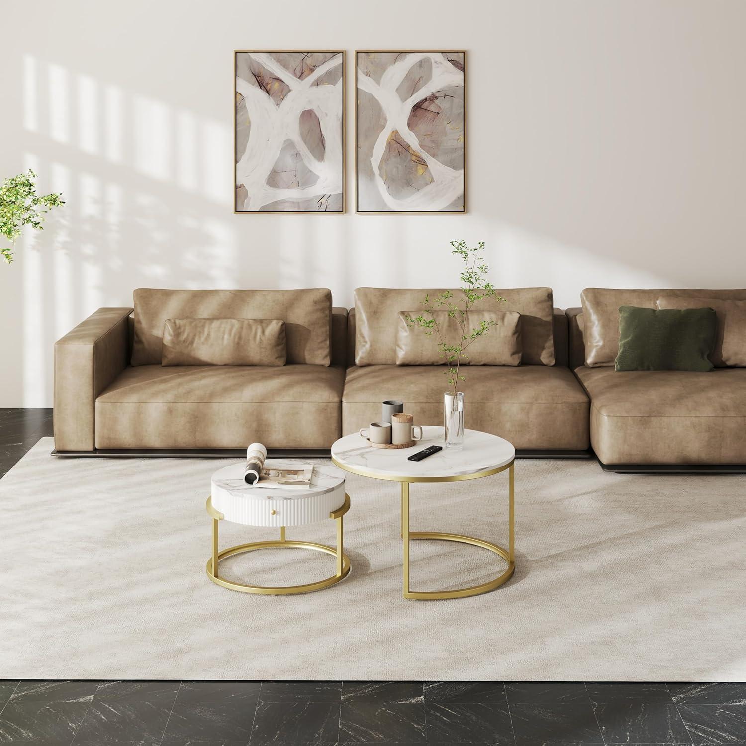 Runde Couchtische Weiß Gold Marmor 2er Set Stauraum WoZi Modern