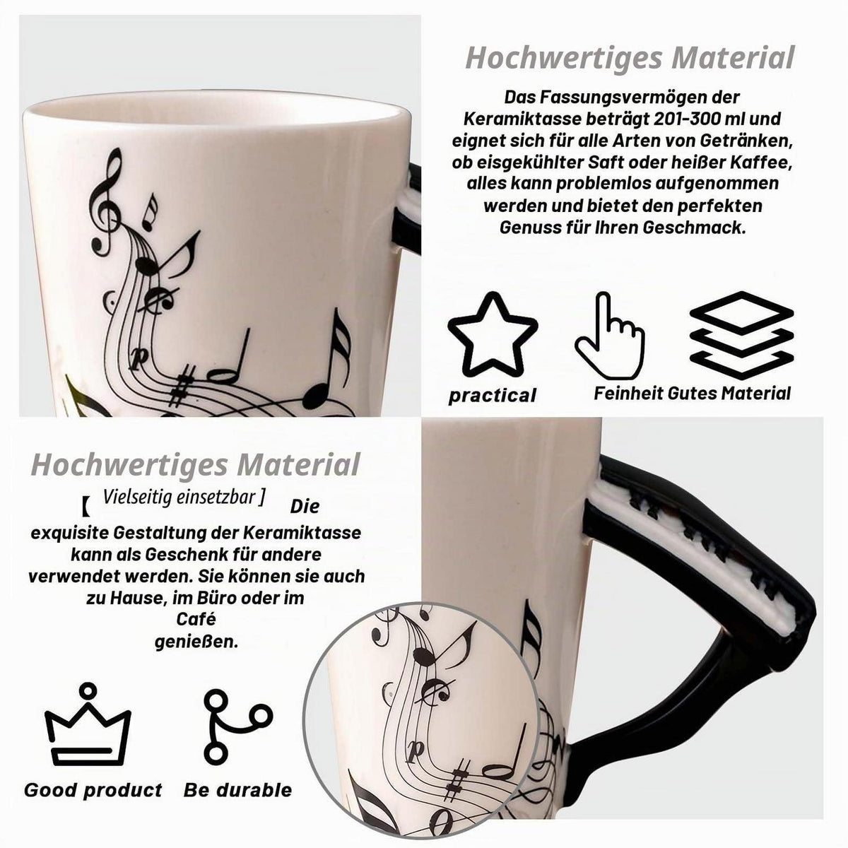 Musik Kaffeebecher mit Löffel – 250ml Porzellan Tasse