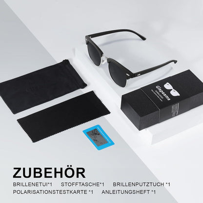 Polarisierte Halbrahmen-Sonnenbrille Herren Damen UV400 Schwarz retro