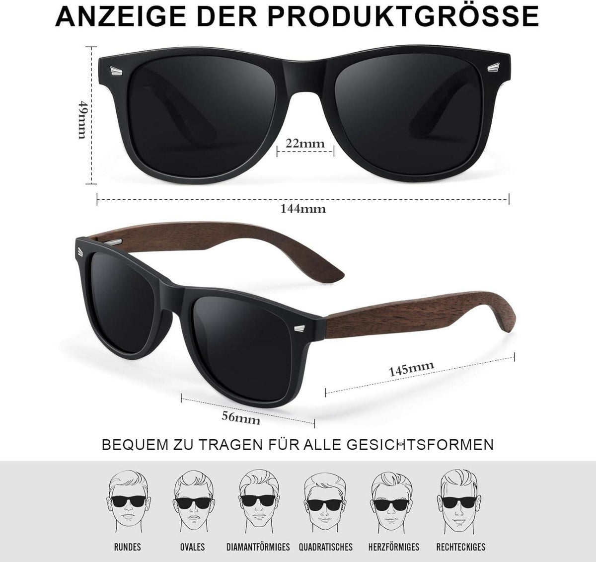 Polarisierte Retro-Sonnenbrille aus Holz Schwarz UV400 Schutz