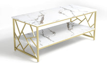 Modern weißer Marmor Couchtisch mit Stauraum und Goldakzent