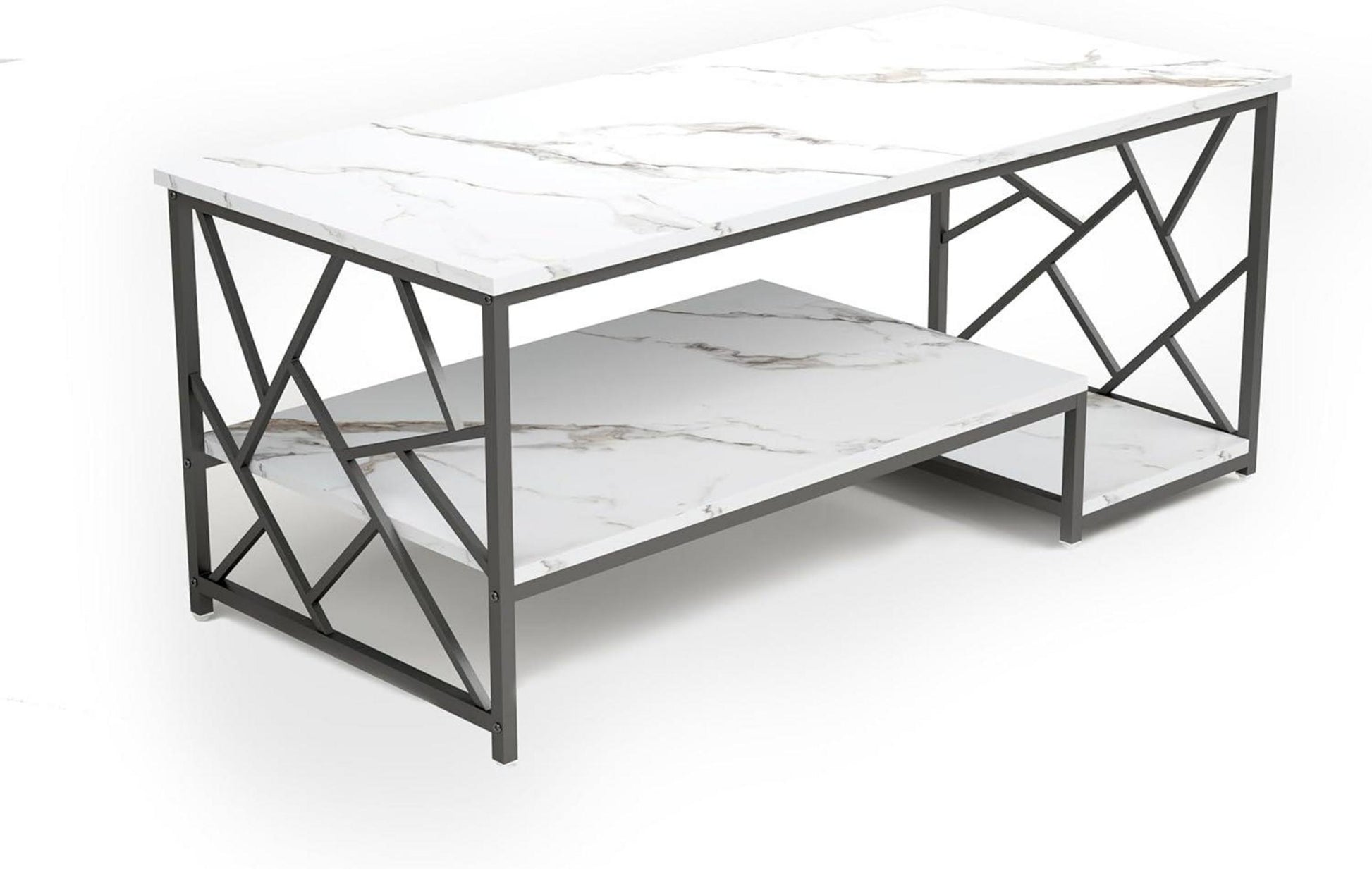 Couchtisch Weiß Modern Marmor Groß Stauraum TischMetall Rahmen