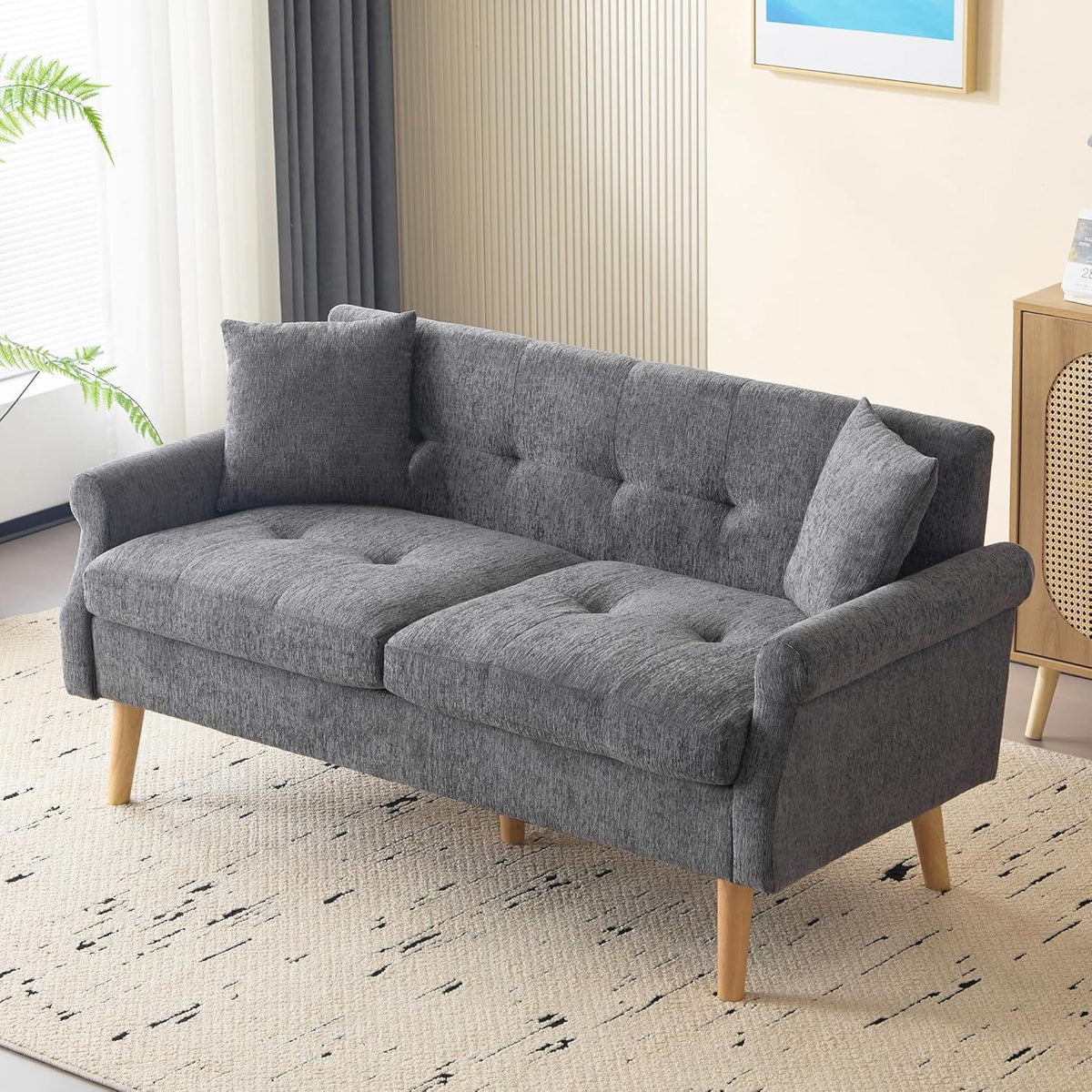 Schlafsofa Grau, 2-Sitzer Couch mit Kissen & Massivholzfüßen