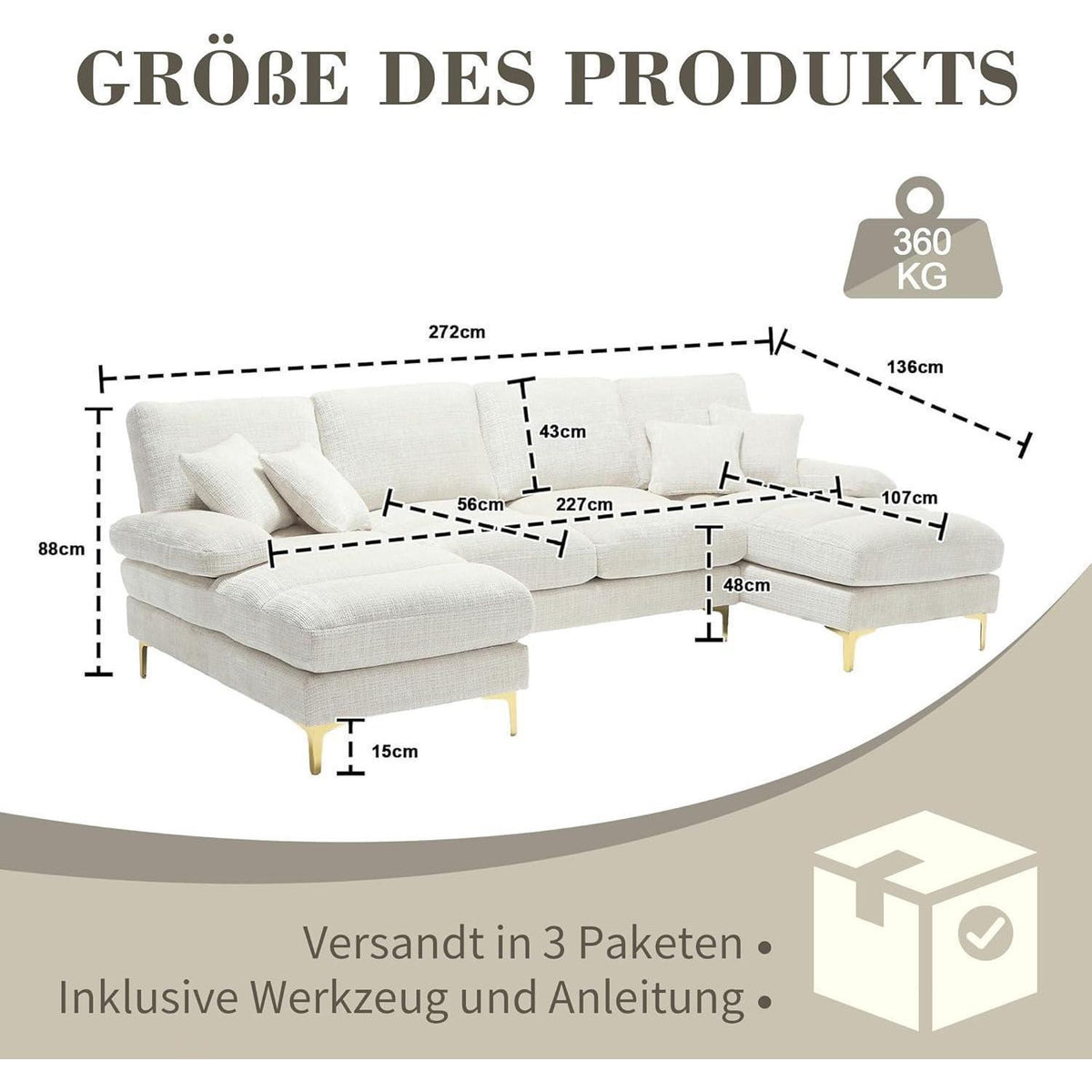 Modernes Ecksofa U-Form mit Liegepositionen, Beige