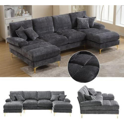 Modernes Ecksofa U-Form mit Liegepositionen & Chenille-Stoff (Grau)