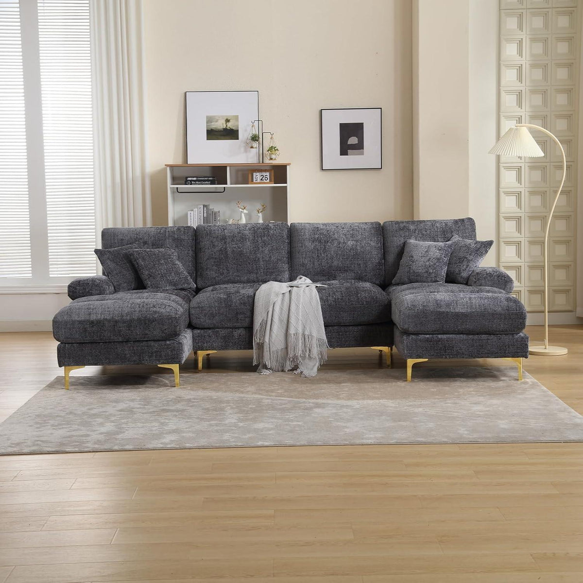 Modernes Ecksofa U-Form mit Liegepositionen & Chenille-Stoff (Grau)