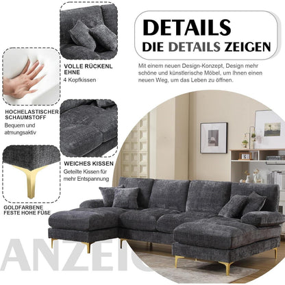 Modernes Ecksofa U-Form mit Liegepositionen & Chenille-Stoff (Grau)