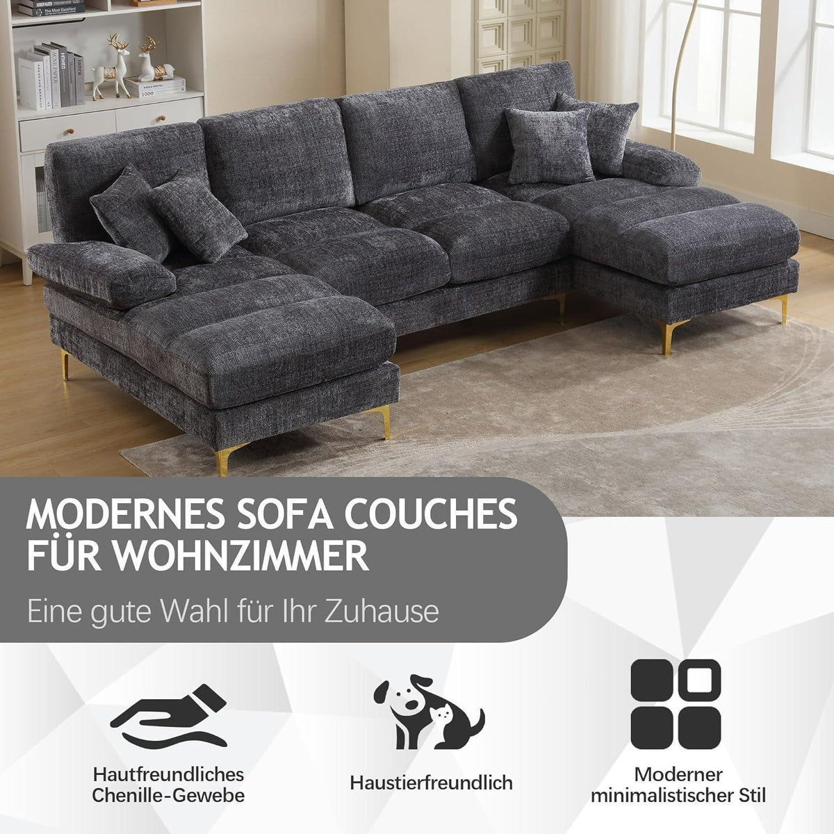 Modernes Ecksofa U-Form mit Liegepositionen & Chenille-Stoff (Grau)
