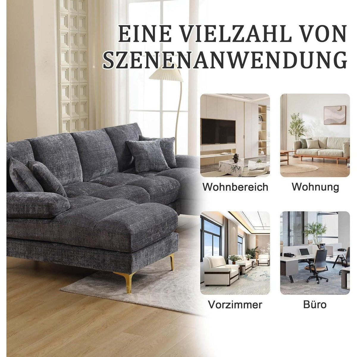 Modernes Ecksofa U-Form mit Liegepositionen & Chenille-Stoff (Grau)
