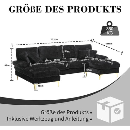 Modernes Ecksofa U-Form mit Liegefläche & Chenille-Stoff (Schwarz)