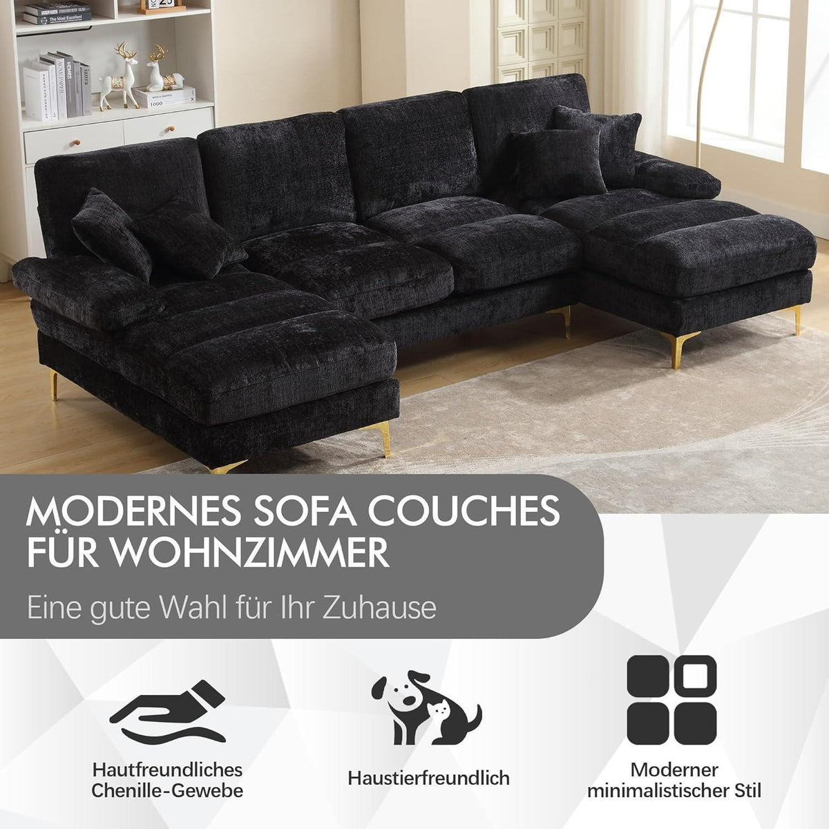 Modernes Ecksofa U-Form mit Liegefläche & Chenille-Stoff (Schwarz)