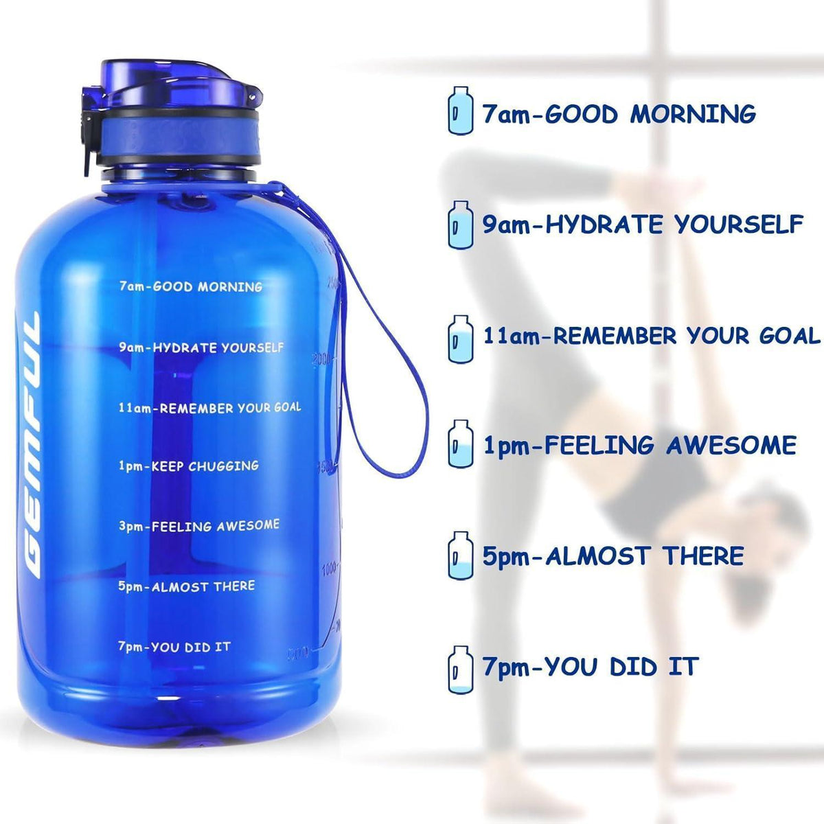 3L Motivations-Trinkflasche mit Strohhalm & Zeitmarkierung (Royal Blue)