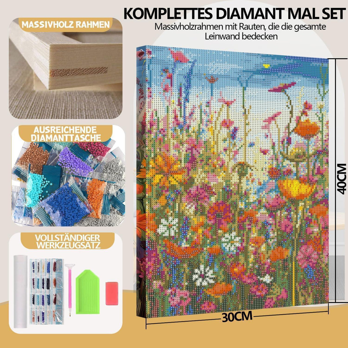 Diamant Painting Blumen 30x40cm mit Rahmen – Entspannung & Wanddeko
