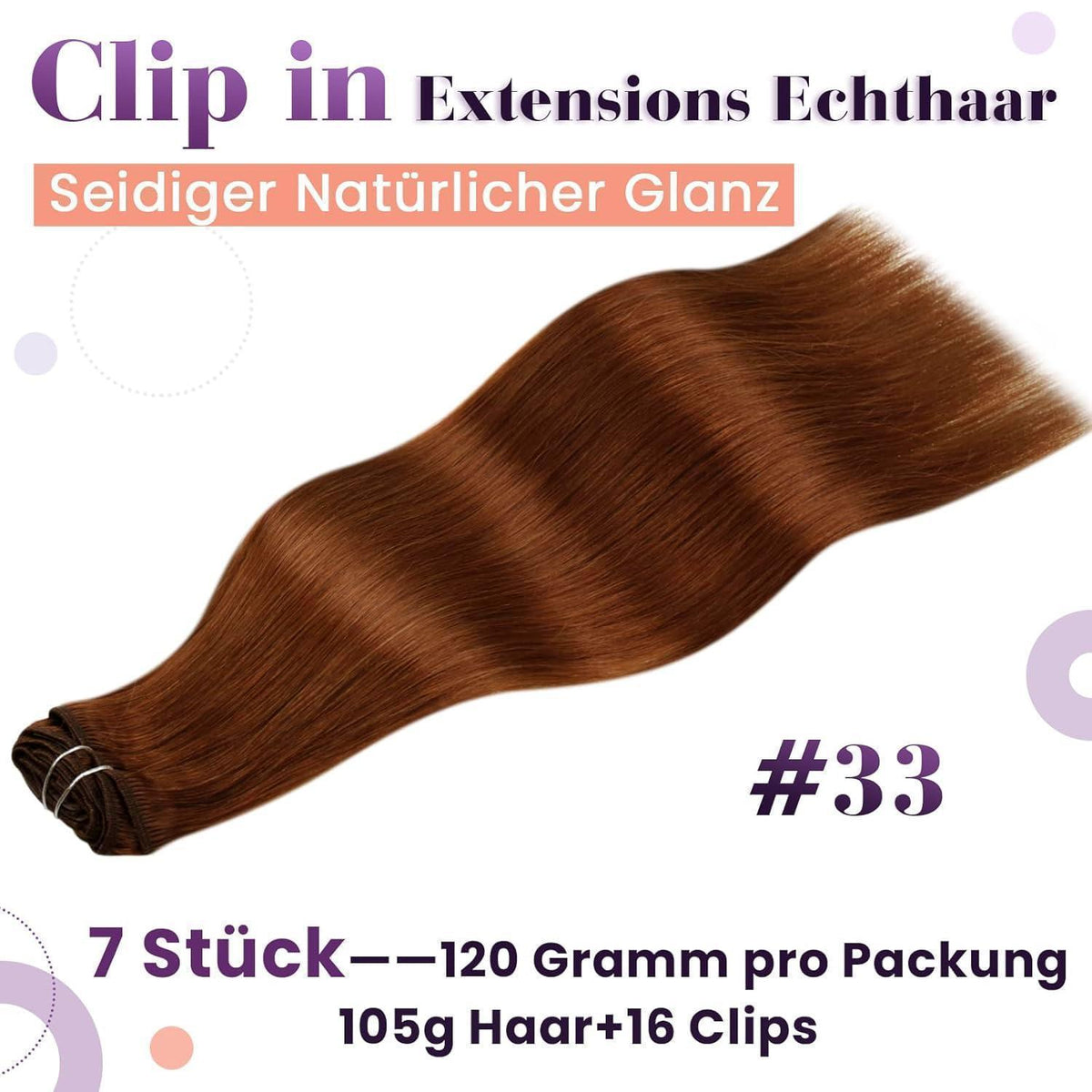 Auburn Braun Echthaar Extensions – 55cm Remy Clip-In