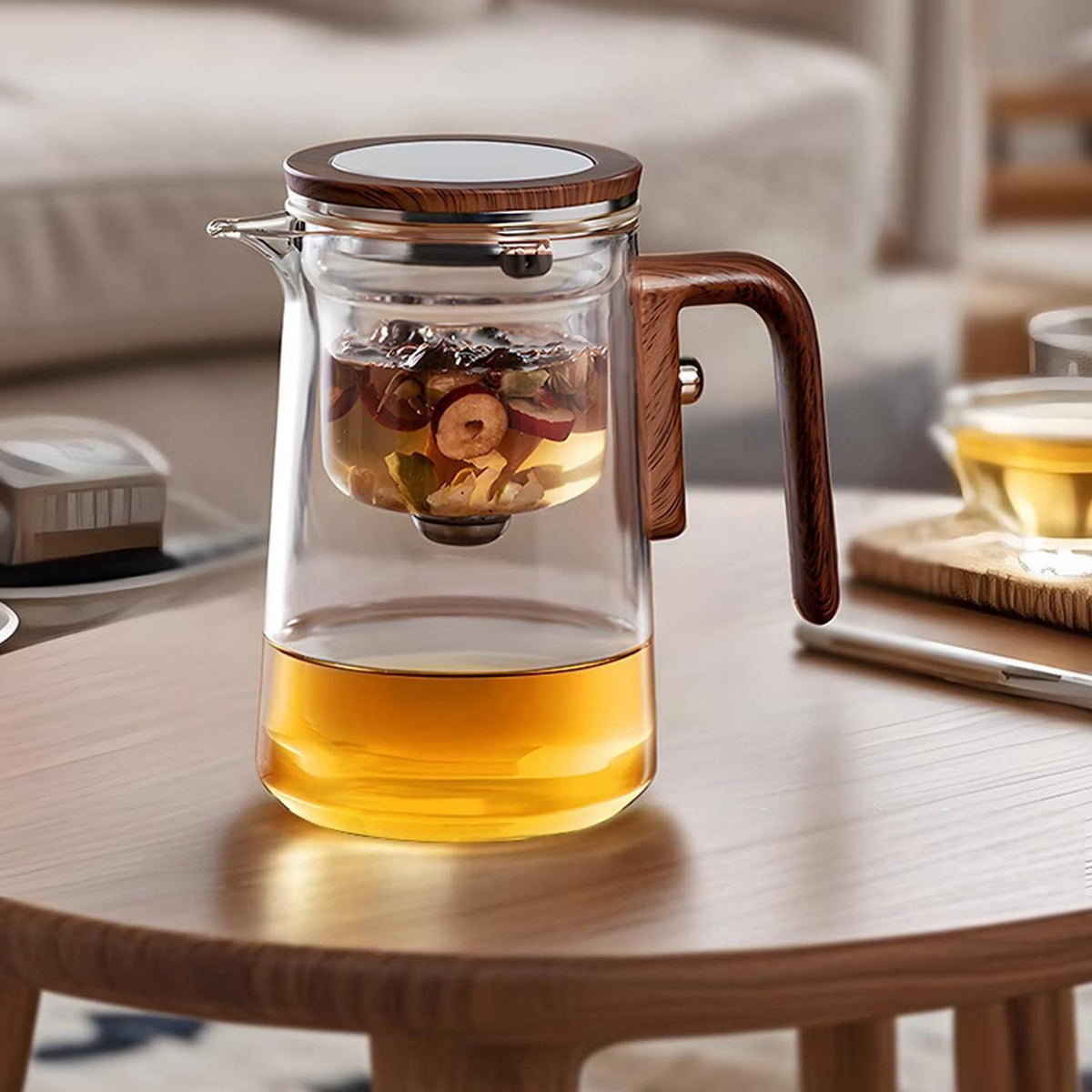 Glas Teekanne mit Sieb & Holzoptik Griff (800ml)