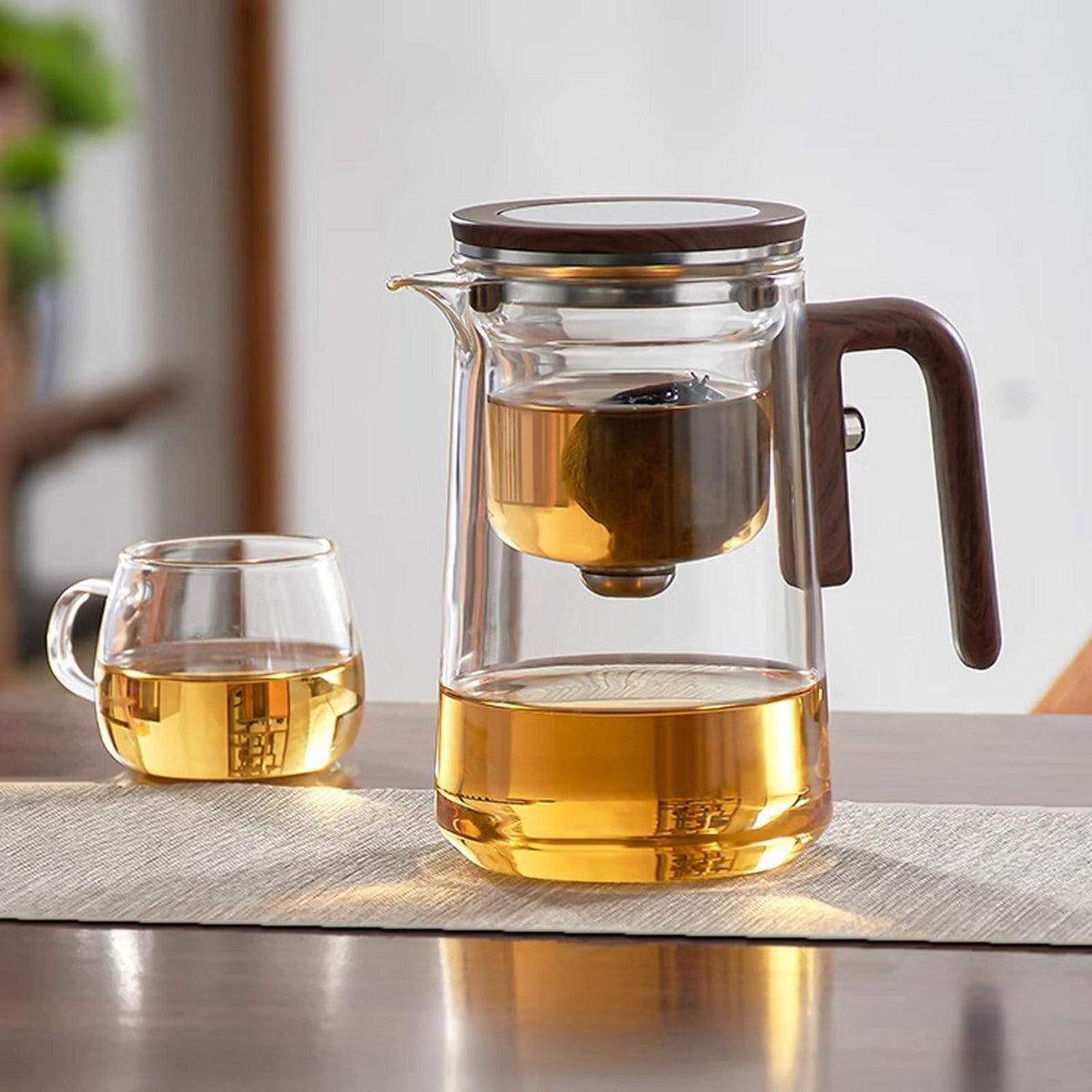 Glas Teekanne mit Sieb & Holzoptik Griff (800ml)