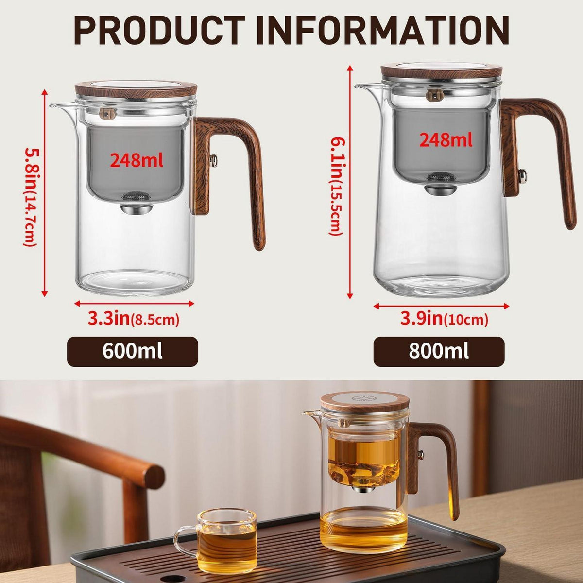 Glas Teekanne mit Sieb & Holzoptik Griff - 600ml
