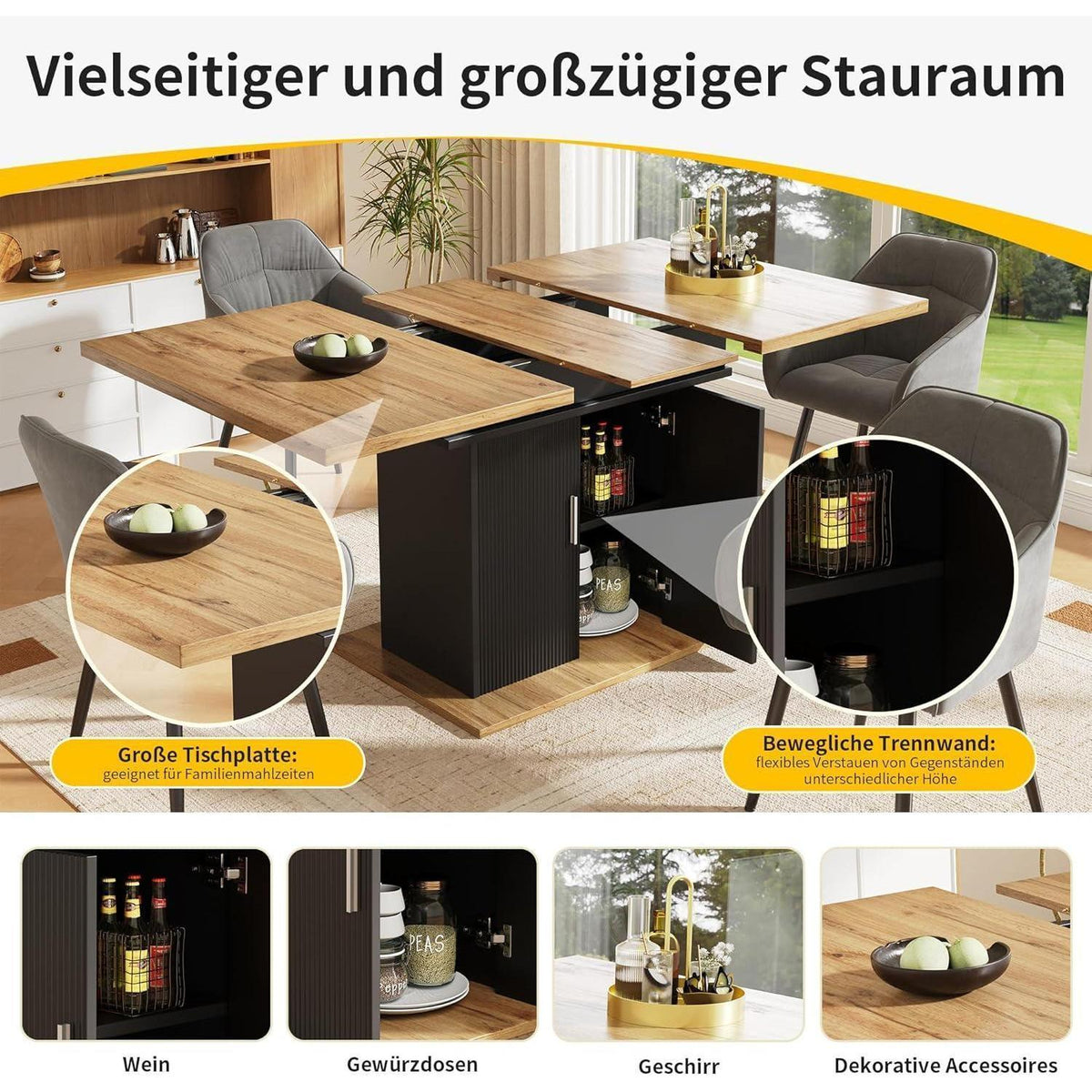 Ausziehbarer Esstisch mit Stauraum – 140x70 cm, Natur+Schwarz