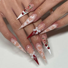 24er Set Lange Press-On Nägel Stiletto Kirschen Design Pink 3D