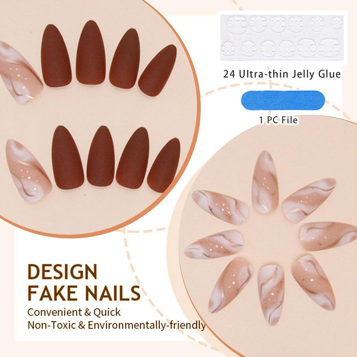 24 Stk. Mittelgroße Almond Gold Linien Design Matte Press-on Nägel