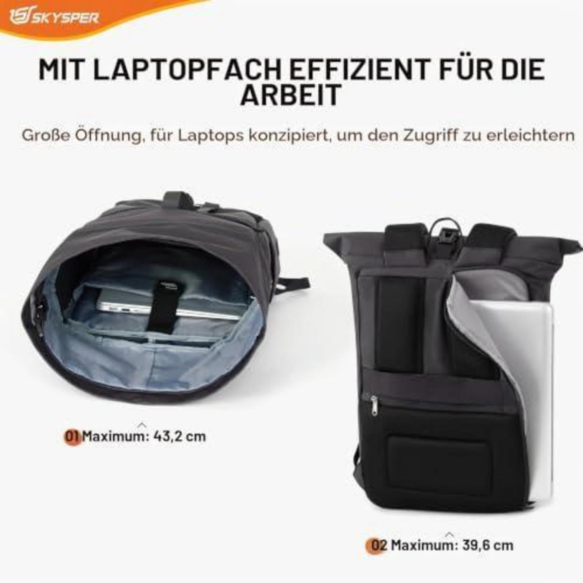 Rolltop Rucksack grau – Laptopfach, Reiserucksack, Unisex