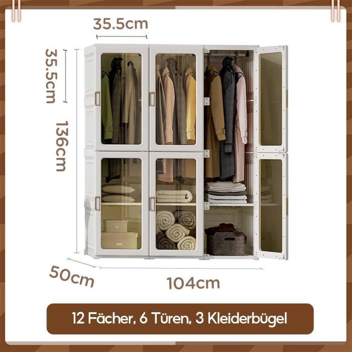 Zusammenklappbarer Kleiderschrank mit Kleiderstange & Magnettüren