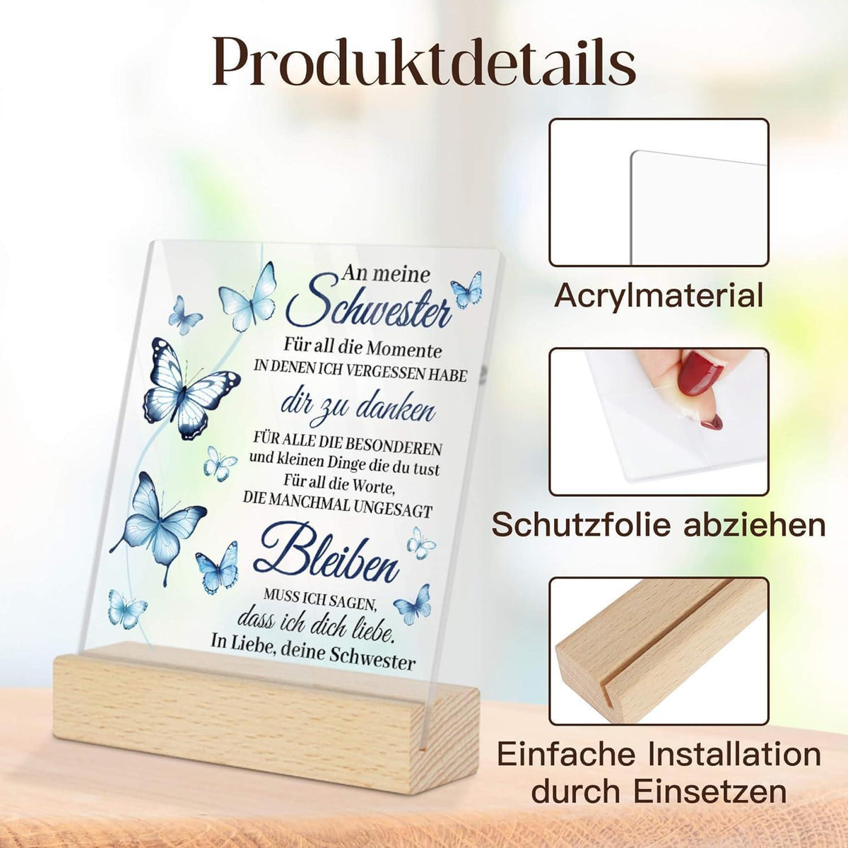 Acryl Dekoration Schwester - Dankesbotschaft mit Schmetterlingen
