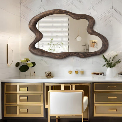 Großer Vintage Wandspiegel Holzrahmen 70x50 cm – Asymmetrisch & Rustikal