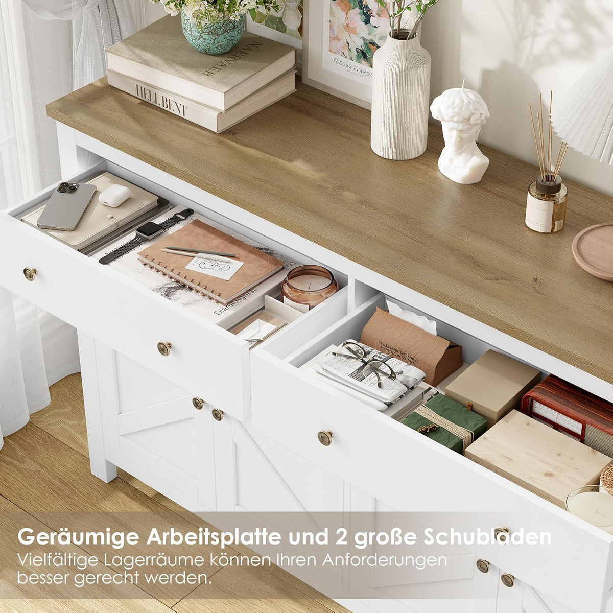 140cm Sideboard Weiß | Küchenschrank mit Arbeitsplatte & Schubladen