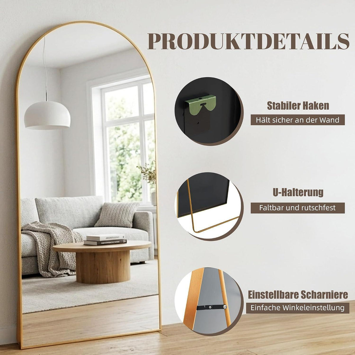 Ganzkörperspiegel Bogen 180x80 cm – Stand- & Wandspiegel Gold
