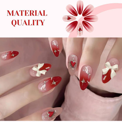 Valentinstag Press-On Nägel Set mit Herz Schleifen Design 24