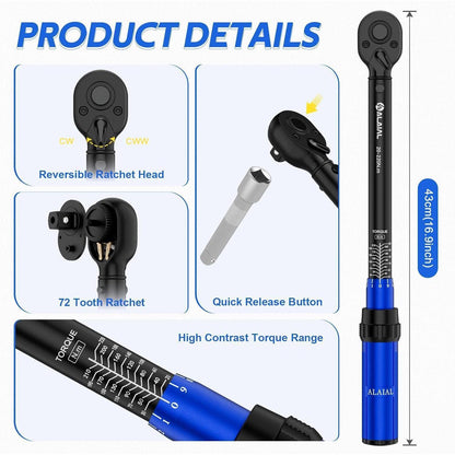 Drehmomentschlüssel 1/2 Zoll 20-220Nm mit 72 Zähnen und Klick-Funktion