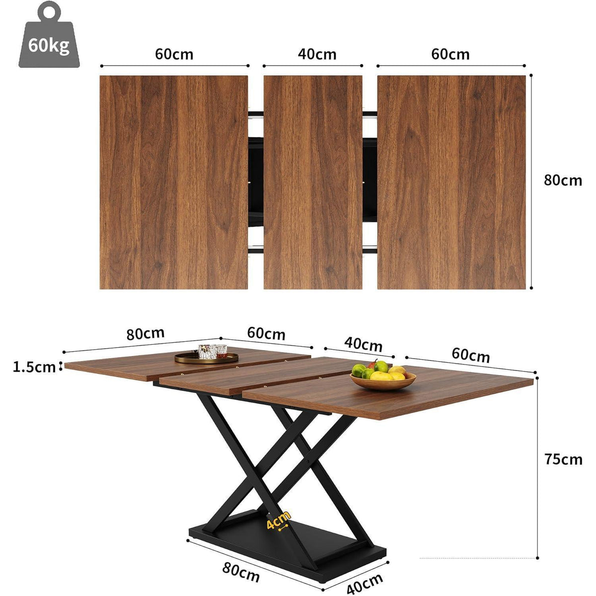 Ausziehbarer Esstisch Schwarz – Rechteckiger Küchentisch 120-160x80 cm