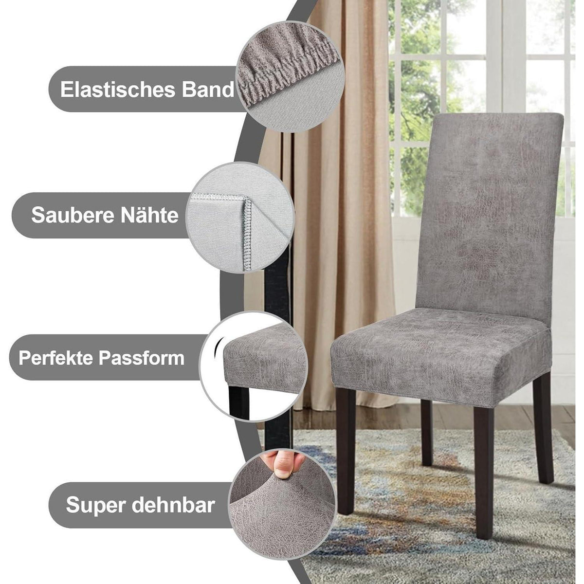 Sämischleder Stuhlhussen 6er Set – Grau, Stretch & Abnehmbar