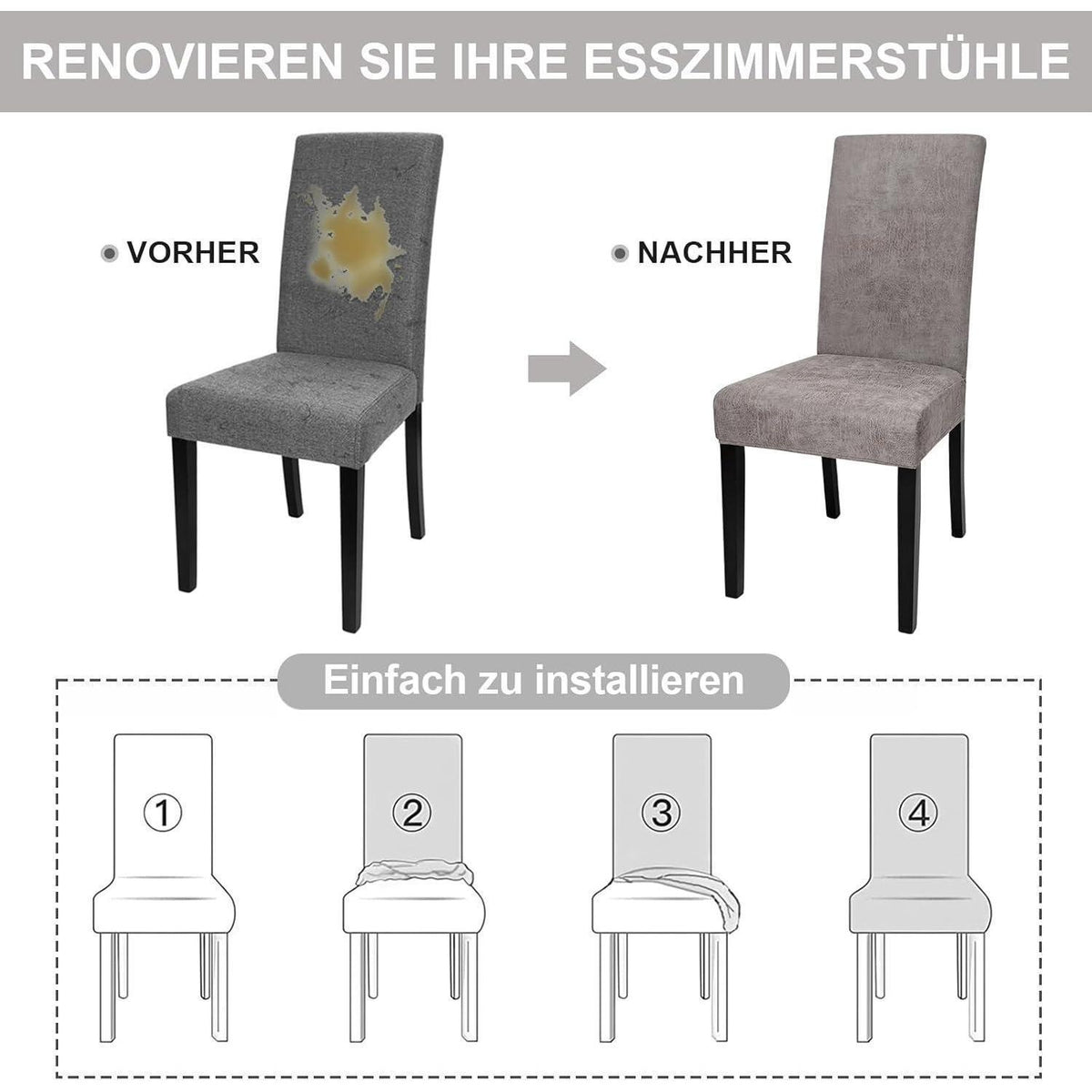 Sämischleder Stuhlhussen 6er Set – Grau, Stretch & Abnehmbar